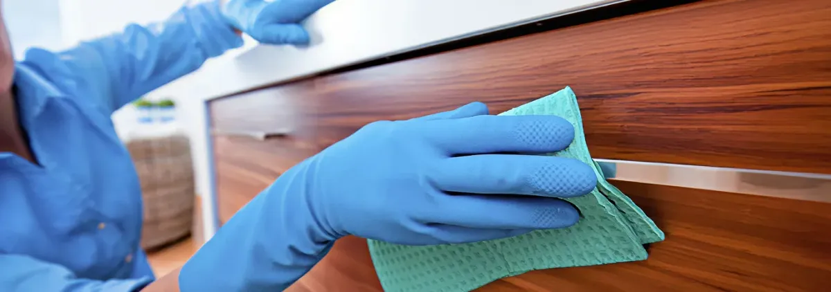 Cleaner wearing blue gloves wiping a wooden cabinet drawer with a microfiber cloth for dust and grime removal, Portland, OR.