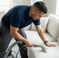 Professional upholstery cleaning technician using an extraction wand to deep-clean a fabric sofa, Portland, OR.
